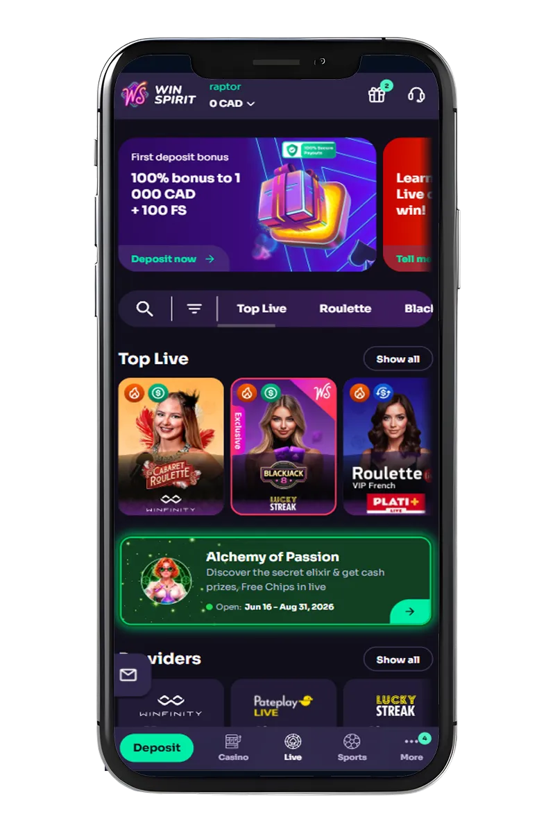 Screenshot of the mobile app's home page