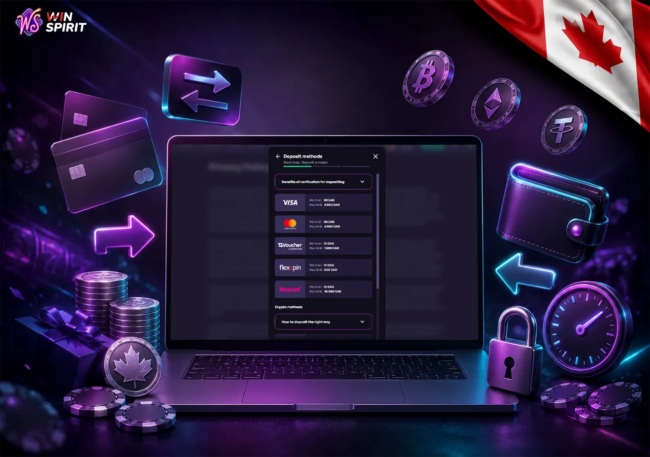 WinSpirit deposit and withdrawal options in CAD on laptop screen